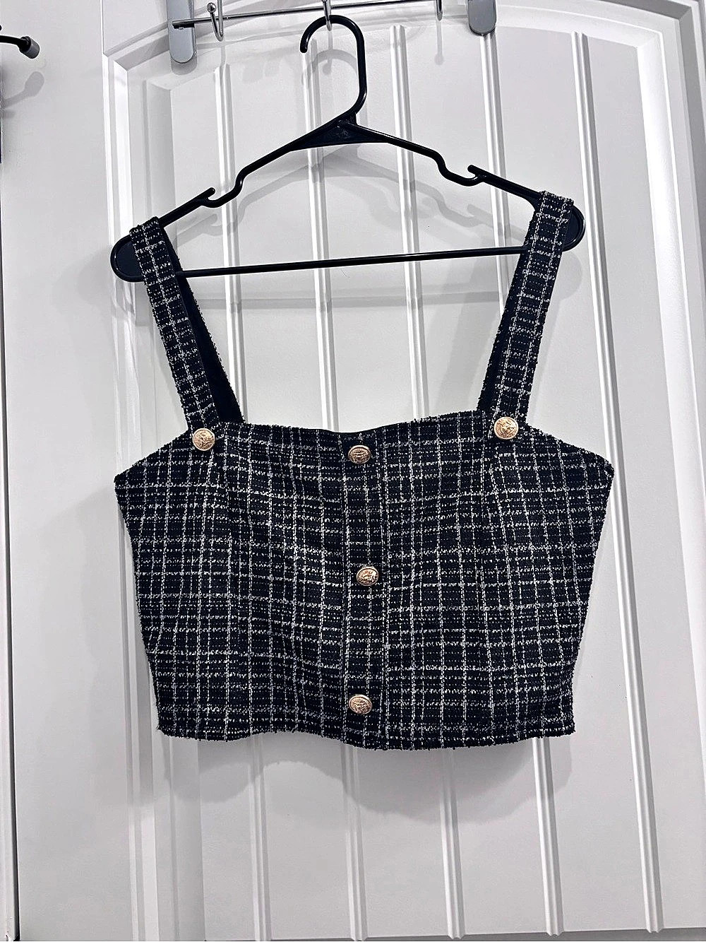 Angel Cult Plaid Tweed Crop Top Checkered Crop Top in Black & White Large Like